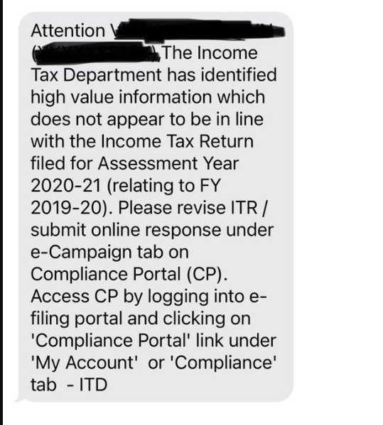 Mass SMS send by Income Tax Dept giving assesses time till 31st March to respond whilst the compliance portal is not working