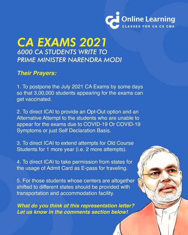 6000 CA students have written a representation letter to Prime Minister Narendra Modi to request him to postpone the CA Exams