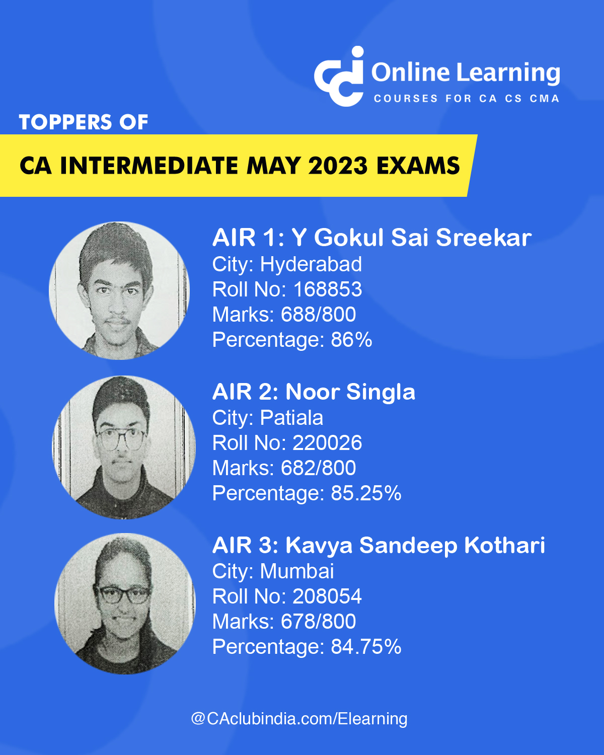 Toppers of CA Intermediate Examination held in May 2023