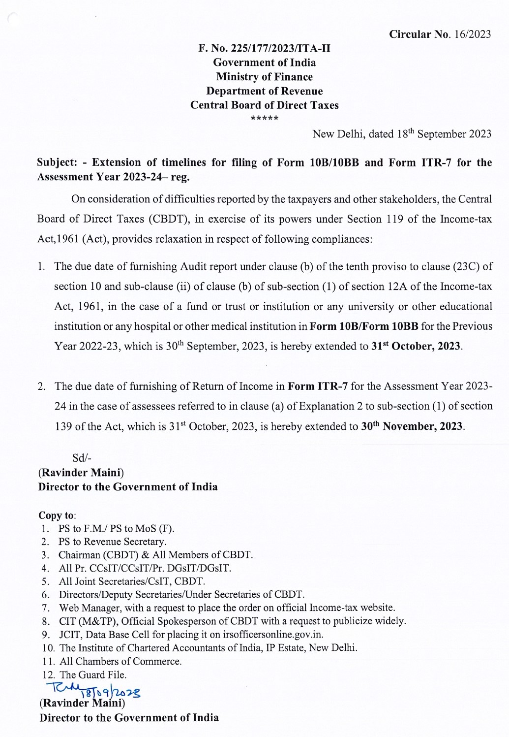 CBDT extends due date for filing of Form 10B/10BB and Form ITR-7 for the Assessment Year 2023-24