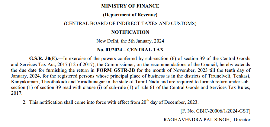 GSTR-3B Filing for November 2023 in Specific Tamil Nadu Districts Extended