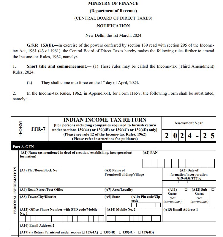 CBDT Notifies ITR-7 Form for AY 2024-25