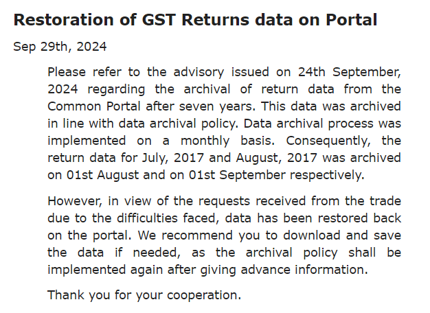 Archived GST Return Data Restored